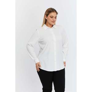 Chemise en maille drapée en mélange de modal grande taille RMG pour femme, chemisier blanc confortable à manches longues et coupe ample - Product Image 3