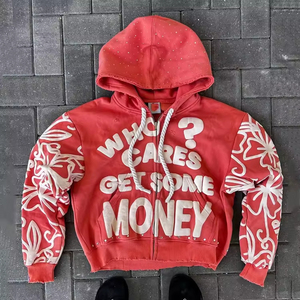 Custom Streetwear Boxy <b>Cropped</b> <b>Zip</b> <b>up</b> Rhinestone Hoodies Cotton Acid Wash Vintage Heavyweight 500gsm Puff Print Hoodie for Men - Product Image 2