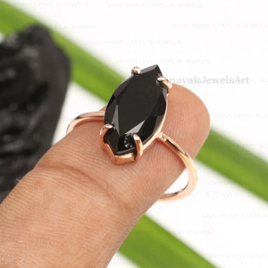 แหวนง่ามโอนิกซ์สีดำธรรมชาติดีไซน์คลาสสิกแหวนดีไซน์ขนาด8x16มม. ทรงโค้ง925สเตอร์ลิงโรสโกลด์ชุบทองนิรันดร์ - Product Image 2