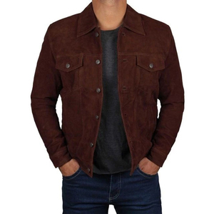 Vestes en cuir suédé marron de haute qualité avec boutons Veste en polyester doublée manches longues vintage pour hommes - Product Image 1
