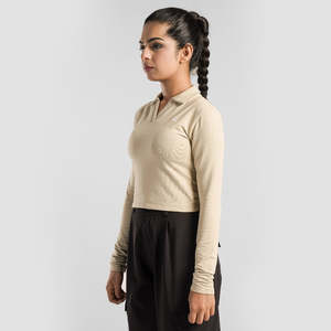 Women's Beige Knitted Crop <b>Top</b> Ruffled Collar Loose Fit Vintage Print with Lace Decoration XS-XXL for Summer Autumn Daily Wear - Product Image 1
