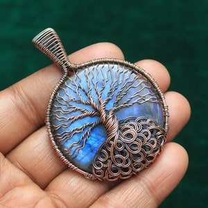 Pendentif arbre géant en labradorite de feu Pendentif en laiton enroulé de fil de fer Bijoux pendentifs étonnants Collier Wholesale Brass Jewelry - Product Image 4
