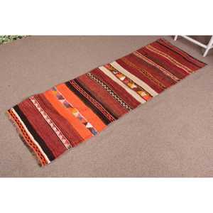 Turkish Vintage Rug, 2.3x7 ft Kilim Rug, <b>Red</b> Orange Bordered <b>Wool</b> Rug - Product Image 2