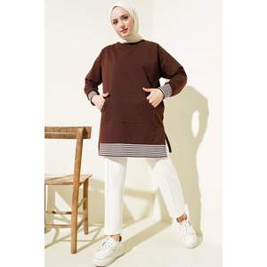 Tunique Rayée Côtelée à Poches Kangourou Marron - Product Image 1