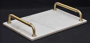 Plateau de service en marbre avec poignées en métal pour restaurants plateaux de service à l'hôtel et à la maison couleur dorée et grise plateaux de service fournitures - Product Image 3