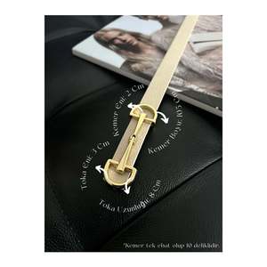 Ceinture longue et fine beige pour femme avec boucle dorée, idéale pour vestes, chemises et robes. Beige-Or - Product Image 1