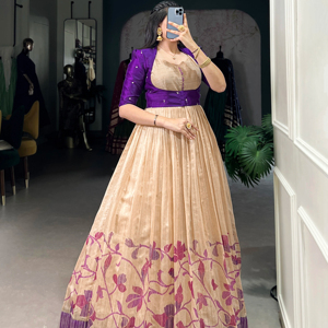 Vestido tradicional estampado de seda verde con lentejuelas bordadas Koti Micro Forro de algodón y estilo completo para fiesta al por mayor - Product Image 1