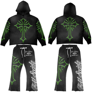 Ensemble Jogging Deux Pièces Vintage Surdimensionné en Polaire d'Hiver avec Logo Imprimé Déchiré, Style Streetwear Casual, Lavage à l'Acide, Unisexe, 100% - Product Image 1