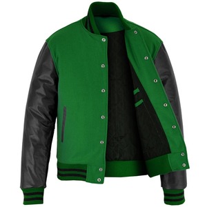 OEM High Street Hombres Verde Fleece Negro Mangas de cuero Letterman Varsity Jacket Hot Custom-Made Stand Precio al por mayor de invierno - Product Image 3