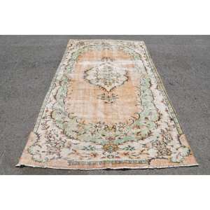 Tapis Turc Vintage 5.3 X 8.8ft Orange Vert Patchwork Laine Latex Support pour Entrée Couloir Style Abstrait 9x12 Rectangle - Product Image 1