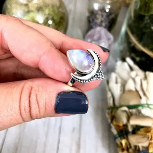 Trendy Wholesale 925 Sterling Silver Crescent Half Moon Rainbow Moonstone Engagement Ring For Women At Factory Price