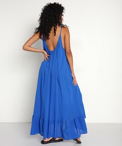 ชุดเดรสผ้าเรยอนสำหรับผู้หญิงชุดแม็กซี่เดรสชายหาดแขนกุดเปิดหลังสีน้ำเงิน - Product Image 4