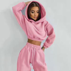 Femmes Automne Hiver Sports Fitness 2 Pièces Jogger Survêtement Ensemble Cropped Hoodie Sweatpants avec Sexy Design Solid Pattern - Product Image 5