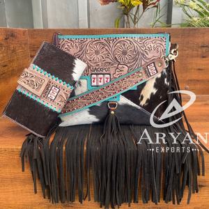 Gran oferta 2024, bolso cruzado de cuero mecanizado a mano y billetera de bloqueo RFID para mujer, conjuntos de embrague de piel de vaca a la moda para mujer - Product Image 1