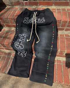 Custom <b>Women's</b> 100% Cotton French Terry Baggy <b>Sweatpants</b> High Vintage DTG Printed Pattern Rhinestones Casual Straight Leg Style - Product Image 1