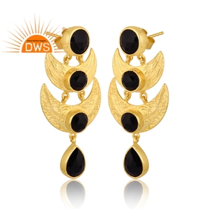 Sterling Silver 18K Gold Plated Natural <b>Black</b> Onyx Gemstone <b>Dangle</b> <b>Earring</b> Demi Fine Jewelry Manufacturer - Product Image 2