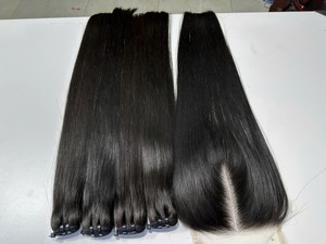 Extensions de cheveux naturels indiens Remy double drawn, tissage machine, cheveux vierges noirs lisses, closure frontale en dentelle 13x6 - Product Image 5
