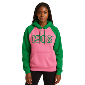 1908 Pink Body Green Raglan Sleeves Pullover Sudadera con capucha Mezcla de algodón Hermandad de mujeres griega Ropa personalizada Divine Nine HBCU Ropa griega - Product Image 1