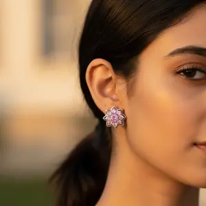 Pendientes de Botón con Flor de Zafiro Rosa de Moda para Mujer, Plata de Ley Chapada en Oro de 14K y 18K con Diamante, Regalo - Product Image 1