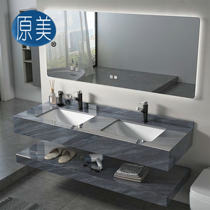Fourniture d'usine Meuble-lavabo moderne en pierre frittée brillante pour salle de bain Meuble-lavabo mural double évier encastré en dalle de marbre Cabinet pour hôtel - Product Image 3