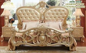 Conjunto de muebles de dormitorio tamaño king europeo moderno, madera de teca pulida metálica dorada con mesitas de noche talladas a mano de espalda baja - Product Image 3