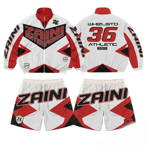 ZAINI Premium Casual Men's Winter Solid Knitted Polyester Taslon Windbreaker Short Set <b>Red</b> Contrast Panel Screen Embroidered - Product Image 1