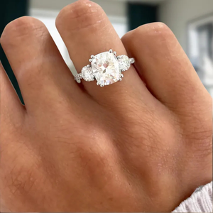 2.3ct Lab Grown Diamond <b>Cushion</b> Round Shape Three Stone <b>Wedding</b> <b>Ring</b> VS Clarity EF Color 14K Gold IGI Certified Rhodium Plated - Product Image 1