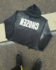 OEM ODM Sweat à capuche zippé personnalisé lourd avec broderie appliquée, effet vieilli, délavé à l'acide, vintage, avec strass pour hommes - Product Image 1