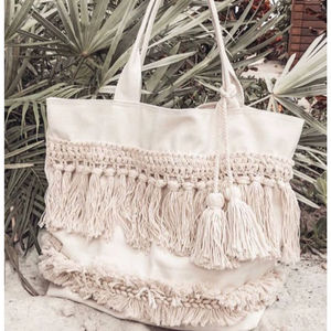 Boho Fringe Beach Tote Bag With Thick Tassel Detail Cream Crafted From Cotton Canvas Designed For Summer <b>Travel</b> & Casual Carry - Product Image 1