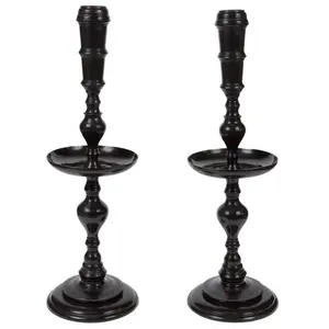 一套2个黑色镜子抛光金属铁烛台烛台高品质圆形金属烛台