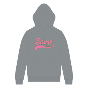 Sudadera con Capucha Gris Acero para Mujer, Sudadera Universitaria Griega, Sudadera Informal Elegante con Logotipo Frontal Rosa y Verde - Product Image 5