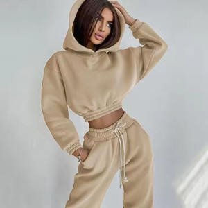 Femmes Automne Hiver Sports Fitness 2 Pièces Jogger Survêtement Ensemble Cropped Hoodie Sweatpants avec Sexy Design Solid Pattern - Product Image 1
