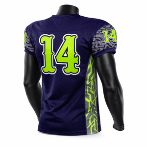 เสื้อฟุตบอลอเมริกันแบบกำหนดเองสำหรับผู้ชาย เสื้อตาข่ายระบายอากาศพร้อมหมายเลขสีนีออน แขนเสื้อลายพราง ชุดทีม OEM เสื้อฟุตบอลแบบซับลิเมชั่น - Product Image 5