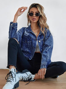 Veste en jean surdimensionnée pour femmes, streetwear, coupe ample, veste en jean déchirée, vêtements tendance, vente en gros, logo personnalisé, respirant - Product Image 2