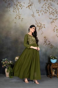 Mehndi Colour Design Faux Georgette Embroidery Evening <b>Night</b> Party Special V Neck Long Length Fancy Kurti Set At Wholesale - Product Image 5