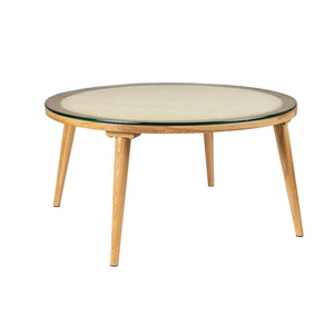 Mesa de centro con estructura de madera de teca y tejido de ratán natural, equipada con tapa de vidrio para uso en interiores y exteriores. - Product Image 5
