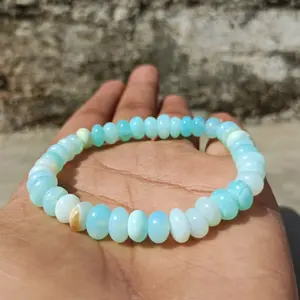 Peruvian Blue Opal Smooth Rondelle Beads Bracelet Top Grade Opal Beaded Jewelry Handmade Stretchable Bracelet For Girl Women