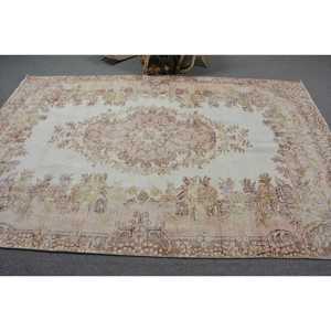 Vintage Turkish Rug, 5.6x8.7 ft Large Rug, <b>Brown</b> White Animal Print <b>Wool</b> Rug - Product Image 3