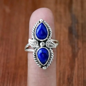 Bague Lapis Lazuli en argent sterling 925 forme de poire conception de feuille filigrane bande fendue bague inspirée de la nature cadeau pour elle - Product Image 1