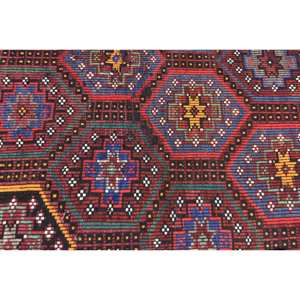 Alfombra Kilim Vintage de 3x5 pies, obra maestra turca tejida a mano, respaldo de látex de lana roja y azul, técnica de tejido plano, alfombra de yute de retazos - Product Image 5