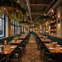 Meubles de restaurant haut de gamme sur mesure, table et chaises en bois massif rustique, banquette en velours vert pour café