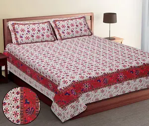 100% exportation qualité coton Rajasthani main bloc imprimé Double taille drap de lit avec 2 taie d'oreiller drap de lit