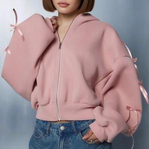 High Quality <b>Pink</b> Fleece Cotton Winter Oversize <b>Hoodie</b> for <b>Women</b> Embroidery Streetwear Full Zip Loose Fit Waterproof Quick Dry - Product Image 1