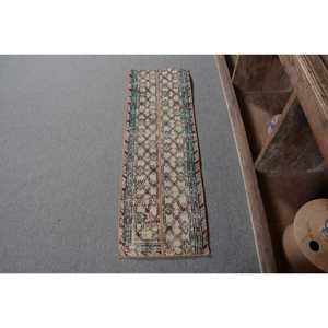 Classique Beige Bleu 1.2x 3.7ft Tapis En Laine À La Main Vintage Conception Turque Patchwork Forme pour Salon Couloir Latex - Product Image 1