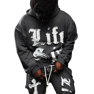 Sweat à capuche d'hiver pour homme, coupe classique, 430 g/m², 100 % coton, avec logo personnalisé, fermeture éclair, effet délavé, patchs brodés et appliqués - Product Image 1