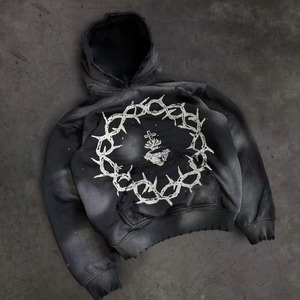 Sudadera con capucha de lavado ácido de gran tamaño para hombre con parches bordados diseño personalizado de diamantes de imitación estilo hombro caído 100% algodón para primavera - Product Image 1