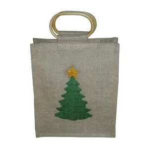 Подарочная сумка из мешковины с рождественской вышивкой, деревянная овальная ручка из тростника, Джутовая сумка для покупок