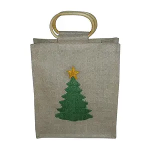 Sac cadeau en toile de jute avec broderie personnalisée sac de noël en bois forme ovale poignée de canne sac à provisions en jute