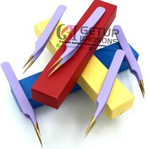 Pince à épiler pour extensions de cils de haute qualité, anti-statique, à pointe dorée, à pointe dentelée, avec revêtement en poudre violette isolante, longueur 10 mm, personnalisable - Product Image 1
