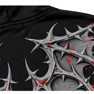 Sweat-shirt à capuche zippé noir pour homme avec motifs tribaux rouges et gris, coupe oversize, style streetwear, pour tenues décontractées, commandes en gros - Product Image 5